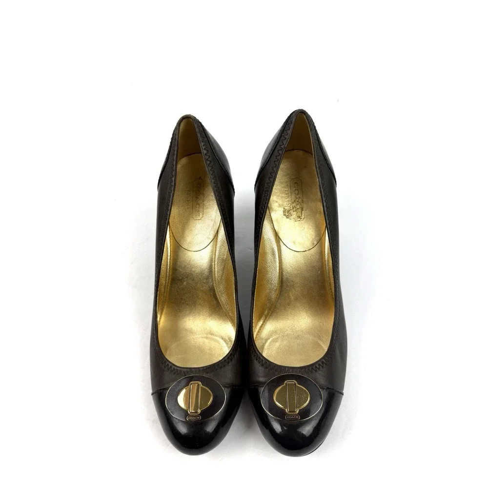 Coach Phebbie Heels 7.5 Y2K Brown Leather Chunky Pump Gold Logo Shoes
